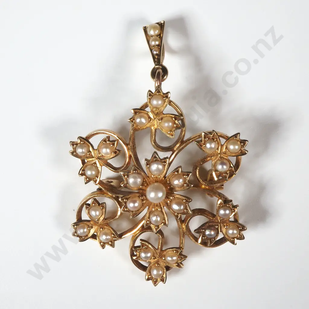 Edwardian 9ct Gold & Seedpearl Brooch / Pendant Image 1++