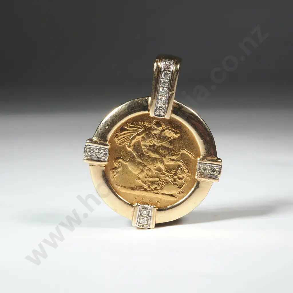 9ct Gold & Diamond Encrusted 22ct Gold 1899 Half Sovereign Pendant Image 1++