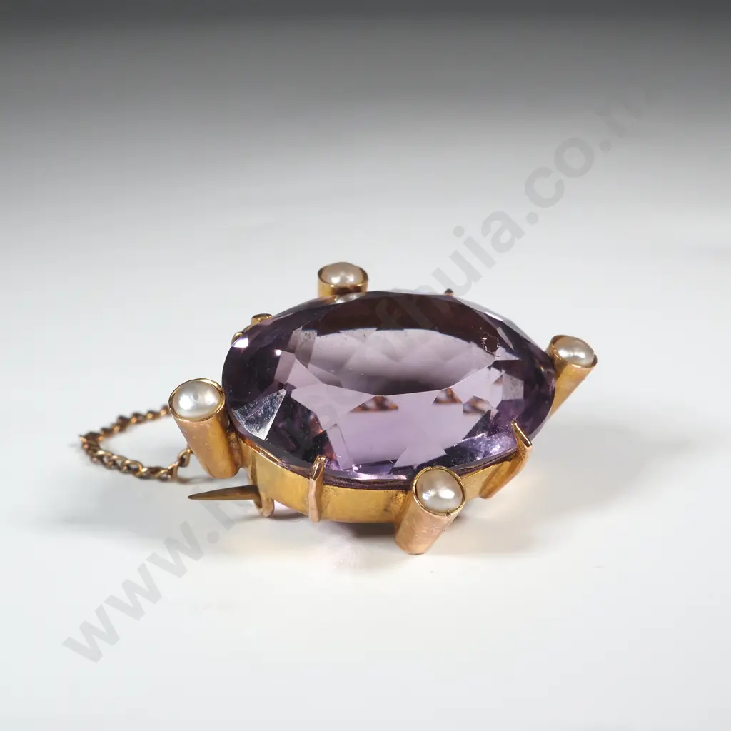 18ct Gold Large Amethyst & Seedpearl Brooch Image 1++