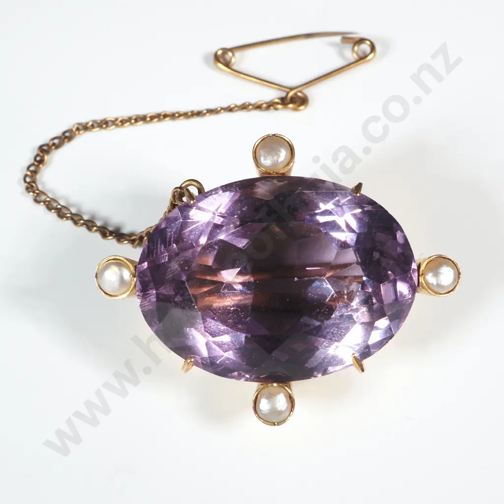 18ct Gold Large Amethyst & Seedpearl Brooch Image 1++