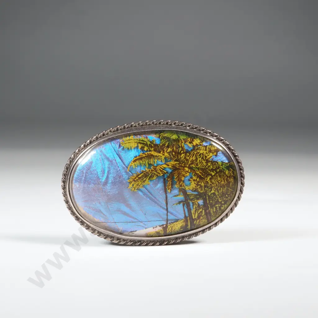 Vintage Oval Sterling Silver Butterfly Wing Brooch With Trees Image 1++