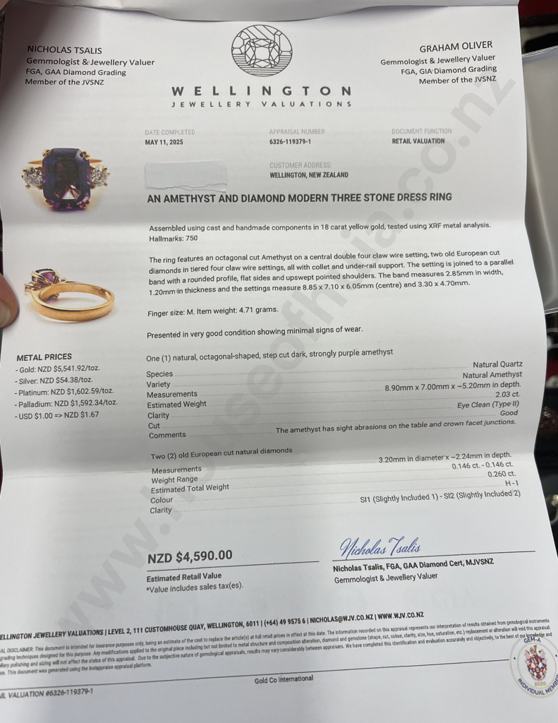 18ct Gold Amethyst & Diamond Ring Valued at $4590.00 Image 1++