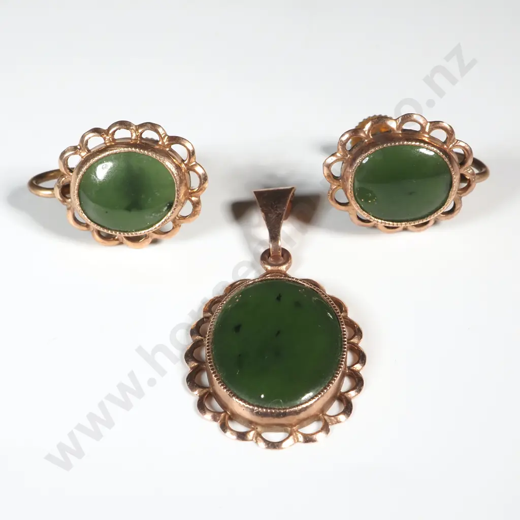 Rolled Gold Greenstone Pendant & Earrings  Image 1++