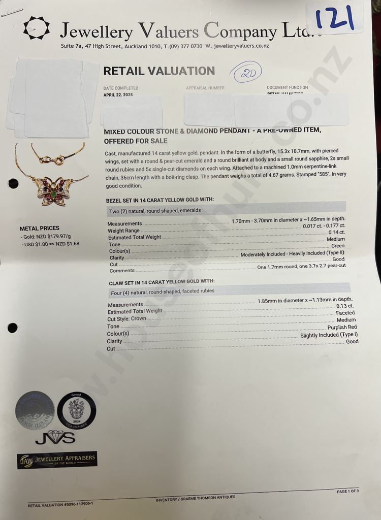 14ct Yellow Gold Pendant In The Form Of A Butterfly with Pierced Wings & Set with Emeralds, Sapphires, Rubies & Diamonds Image 1++