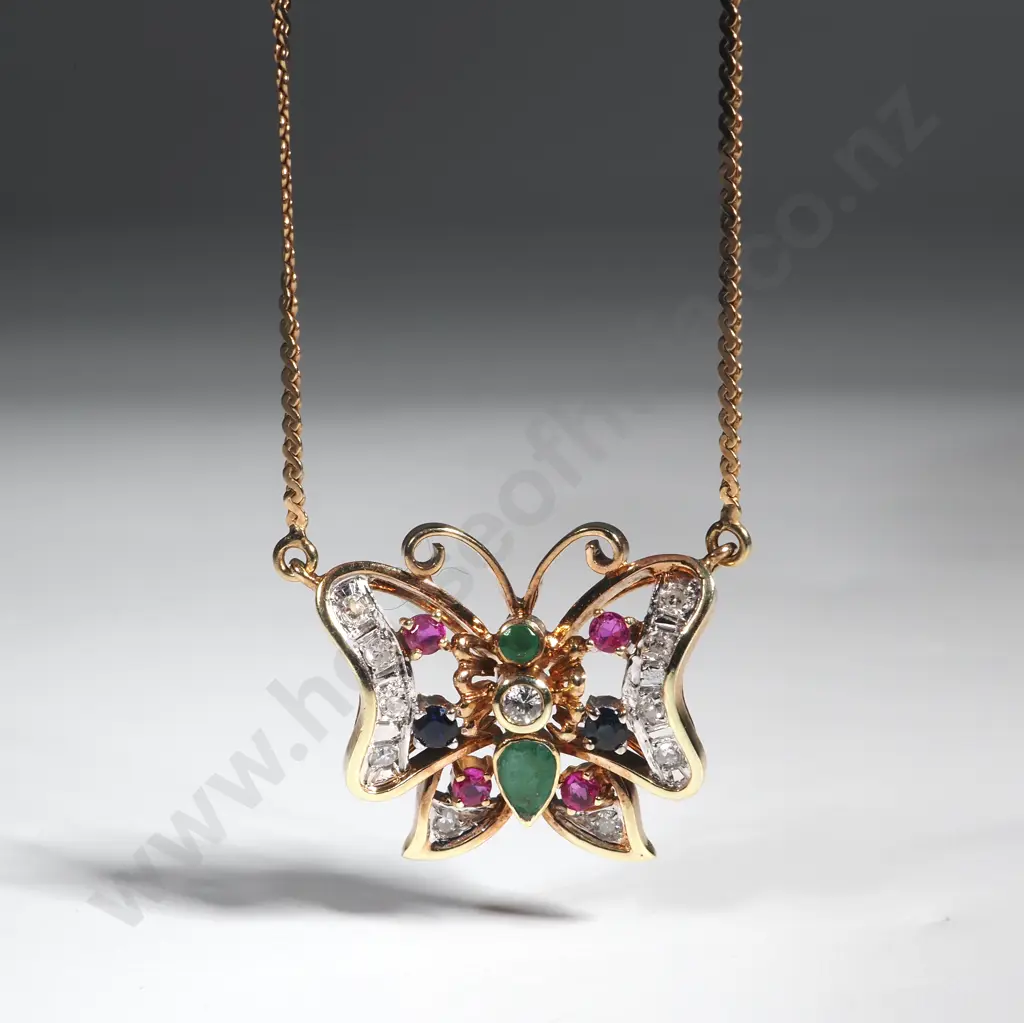 14ct Yellow Gold Pendant In The Form Of A Butterfly with Pierced Wings & Set with Emeralds, Sapphires, Rubies & Diamonds Image 1++