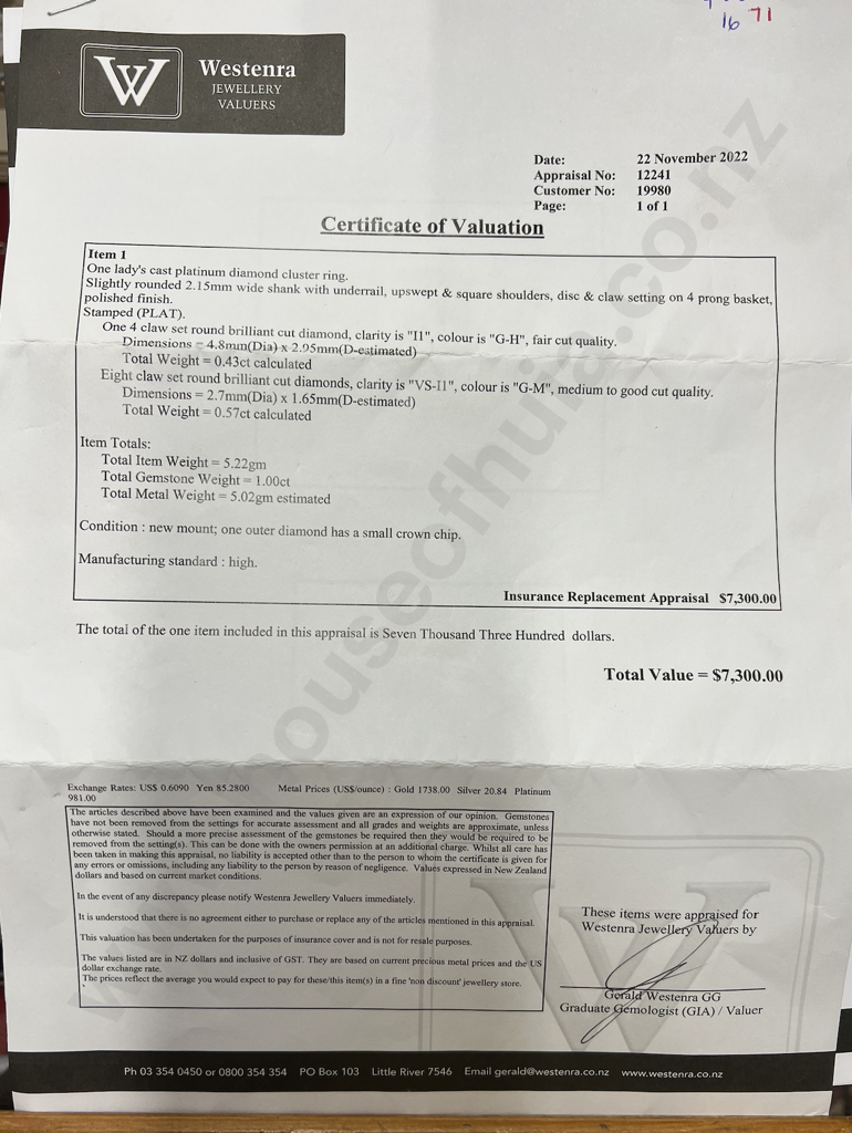 Platinum Diamond Ring Valued at $7,300 Image 1++