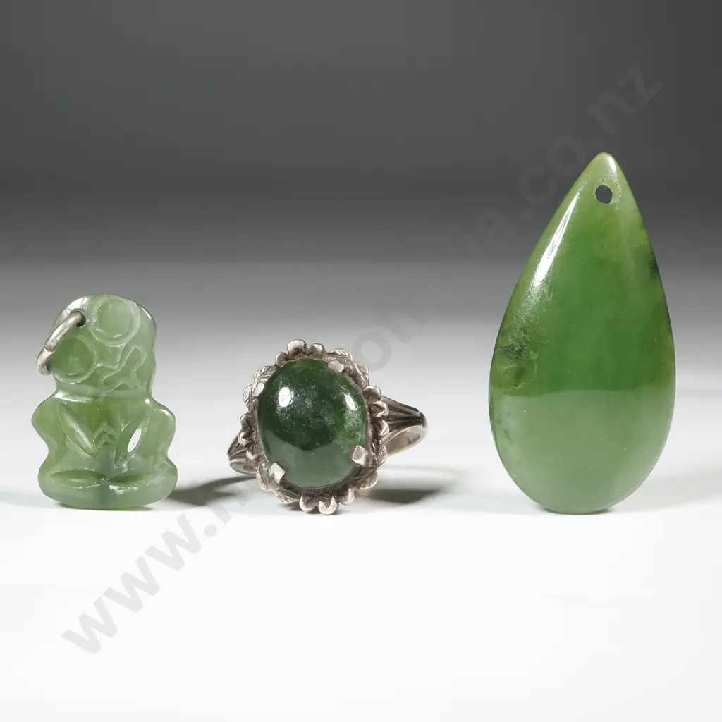 Sterling Silver & Greenstone Ring, Oval  Greenstone Pendant &  A Small Greenstone Tiki  Image 1++