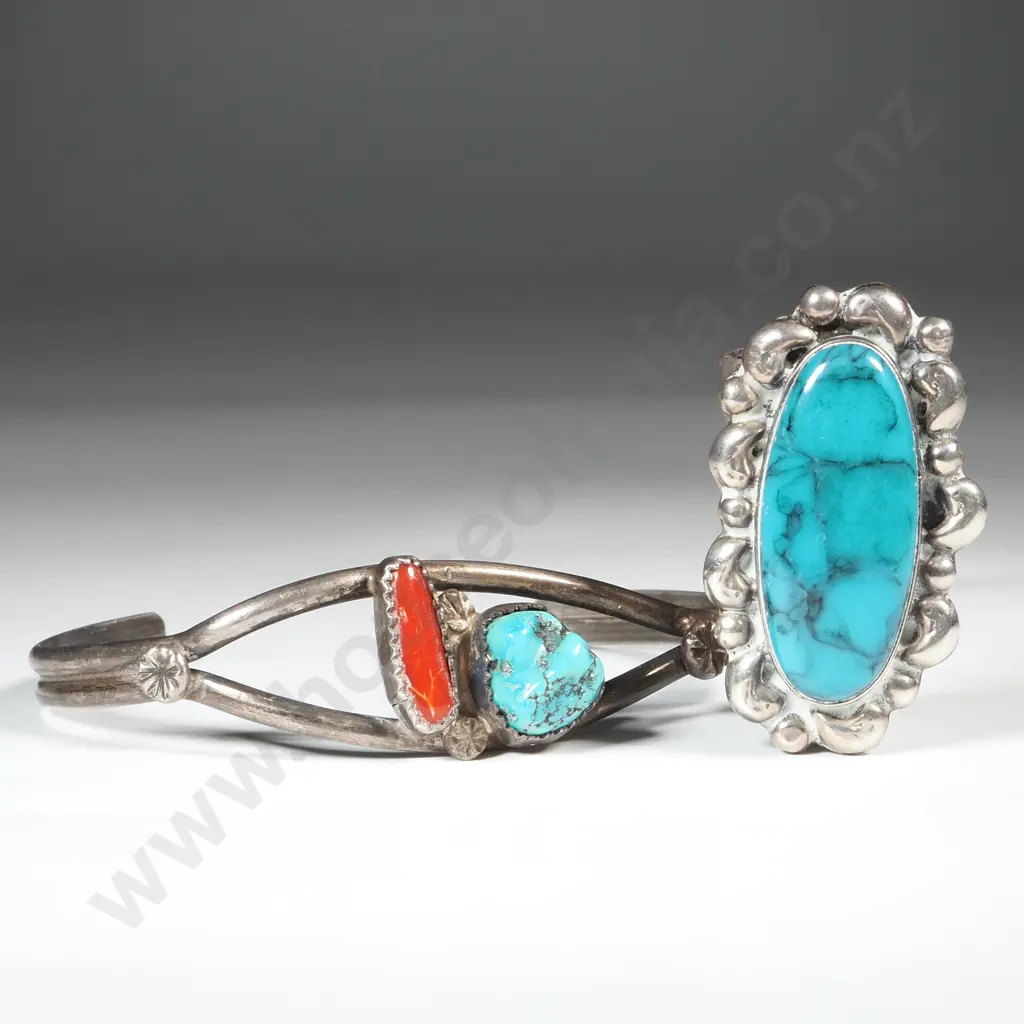Sterling Silver & Turquoise Scarf Holder & Silver, Coral & Turquoise Cuff Bangle  Image 1++