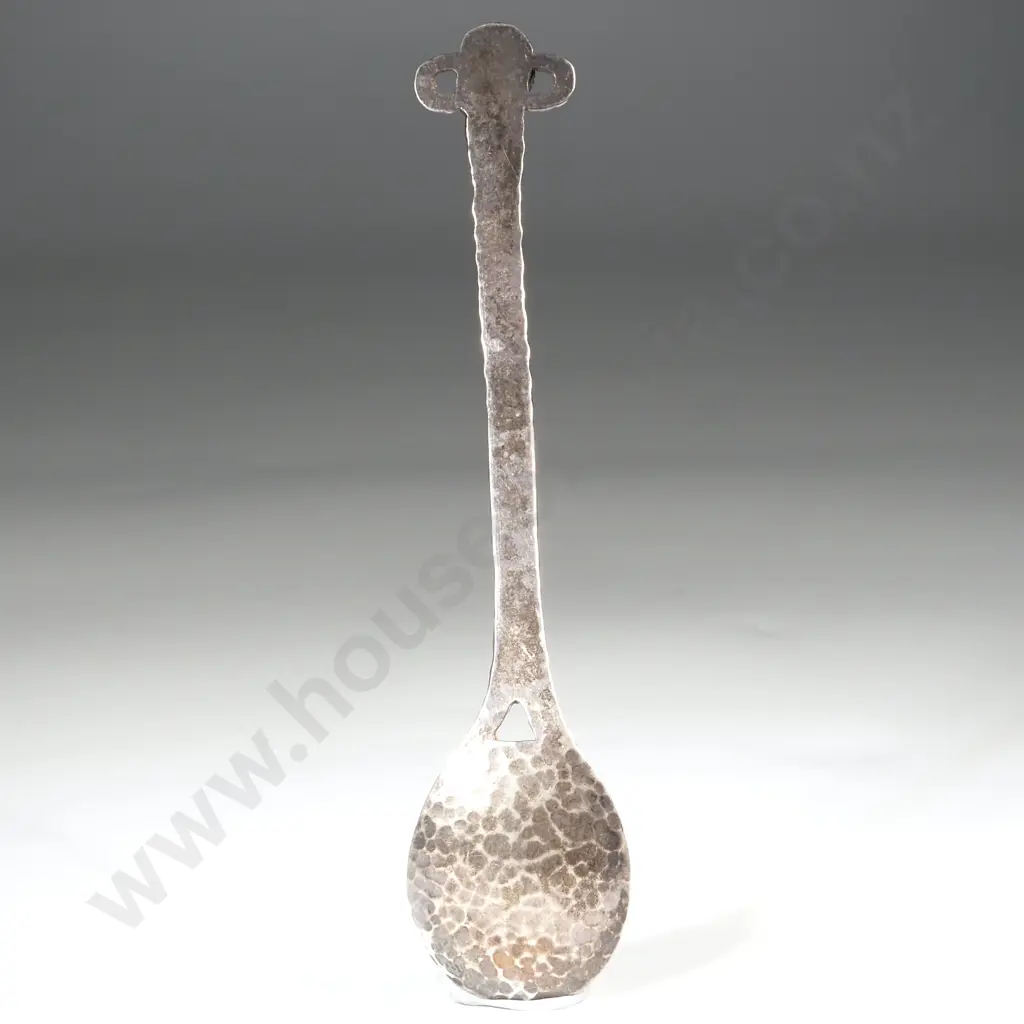 Hand Beaten Arts & Crafts Pewter Teaspoon with a Green Stone Finial Image 1++