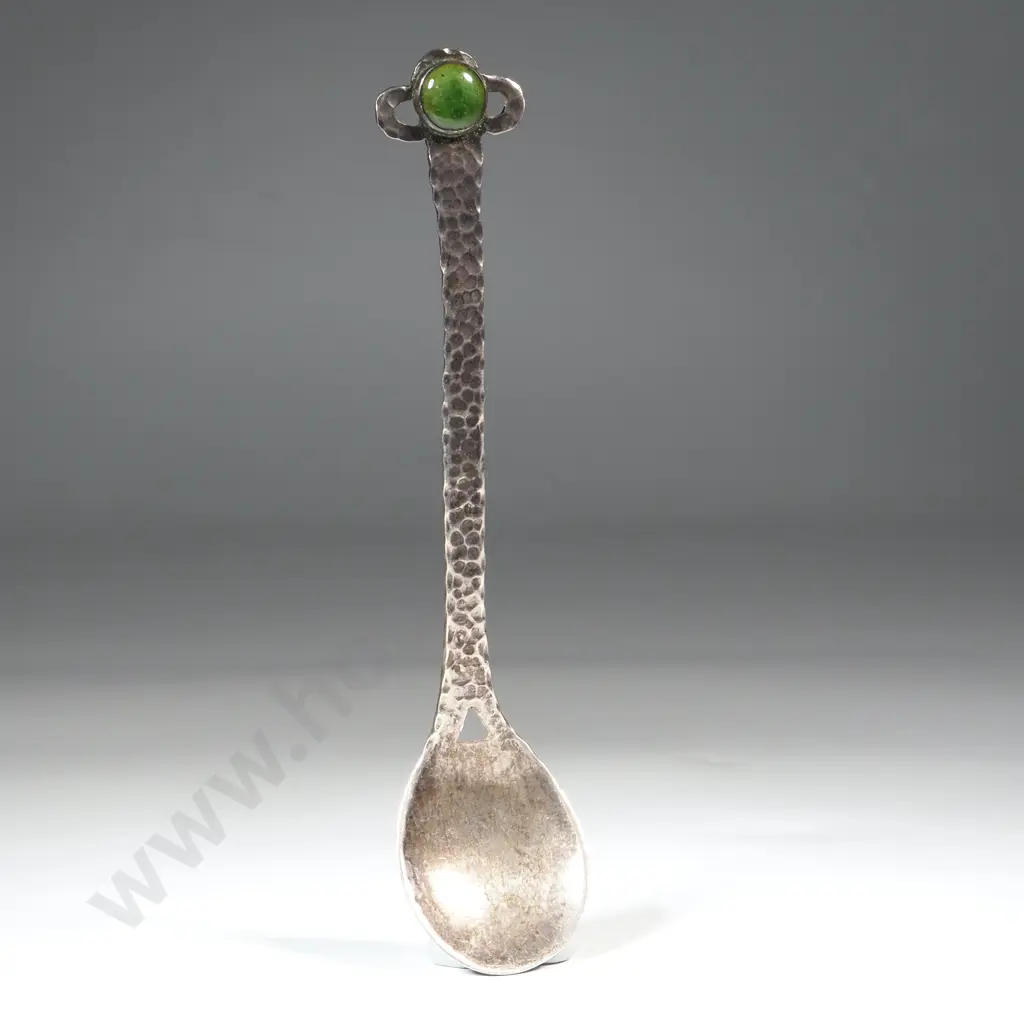 Hand Beaten Arts & Crafts Pewter Teaspoon with a Green Stone Finial Image 1++