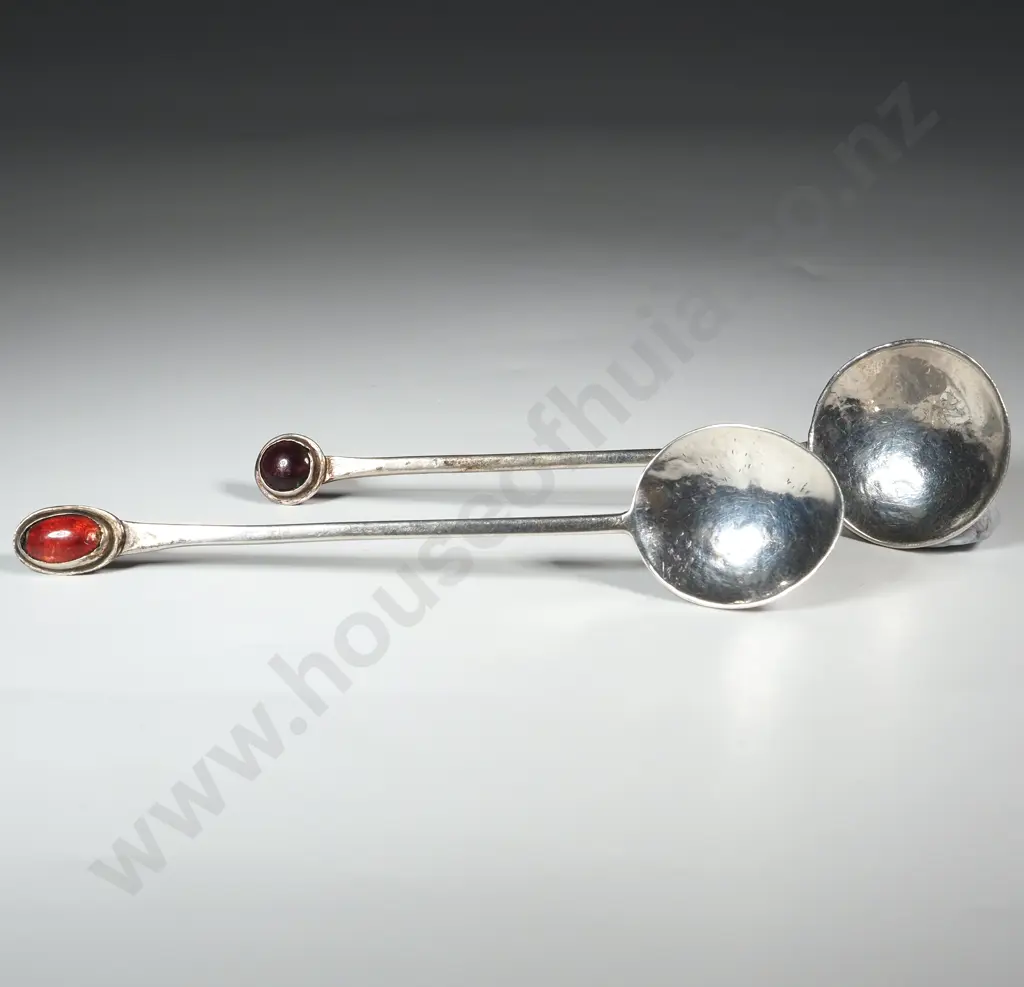 Two Silver Teaspoons with  a Purple & Orange Stone Finial  Image 1++