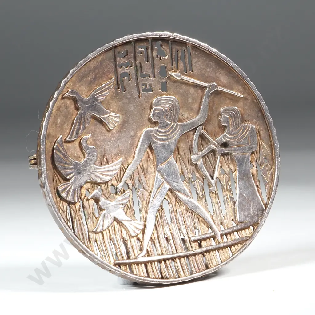 Sterling Silver Circular Brooch with Egyptian Motifs Image 1++