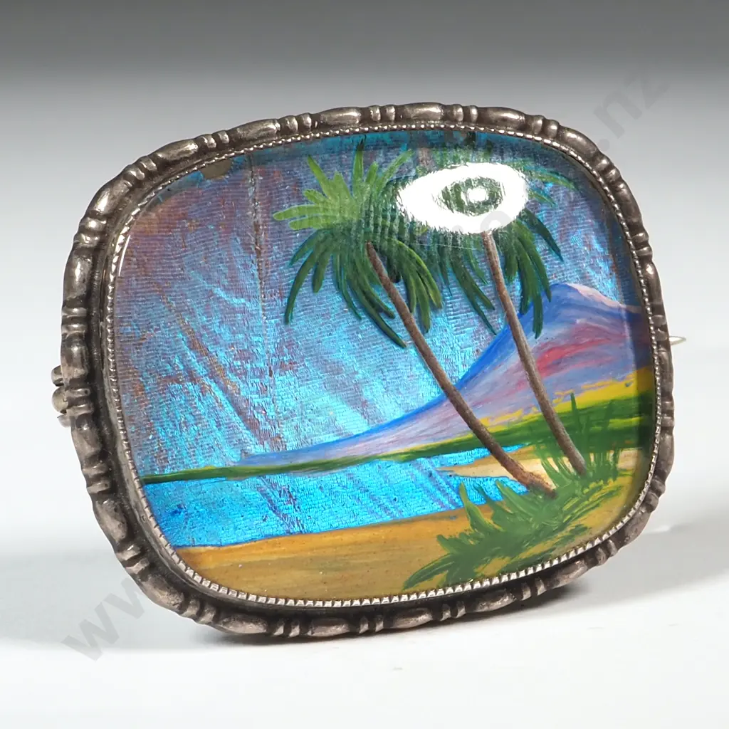 Vintage Sterling Silver & Butterfly Wing Brooch With Trees Image 1++