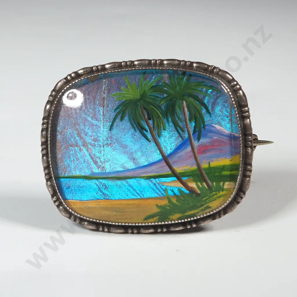 Vintage Sterling Silver & Butterfly Wing Brooch With Trees Image 1++