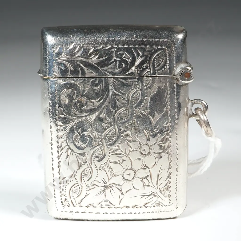 Sterling Silver Engraved Vesta Box With Shield Shaped Cartouche Image 1++