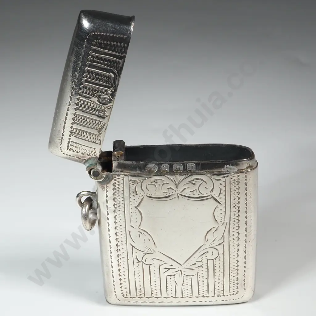 Sterling Silver Engraved Vesta Box With Shield Shaped Cartouche Image 1++