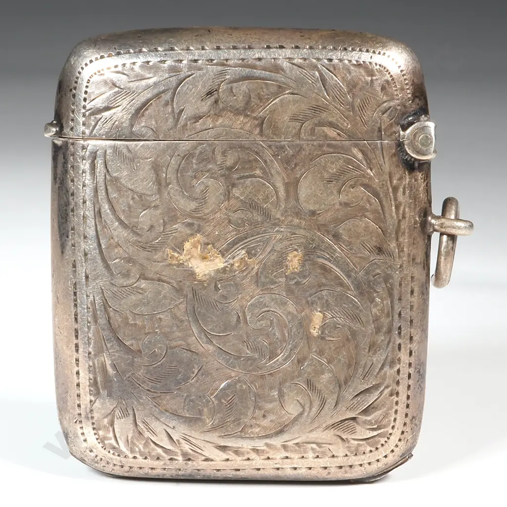 Sterling Silver Vesta Box with Scroll Decoration. Image 1++