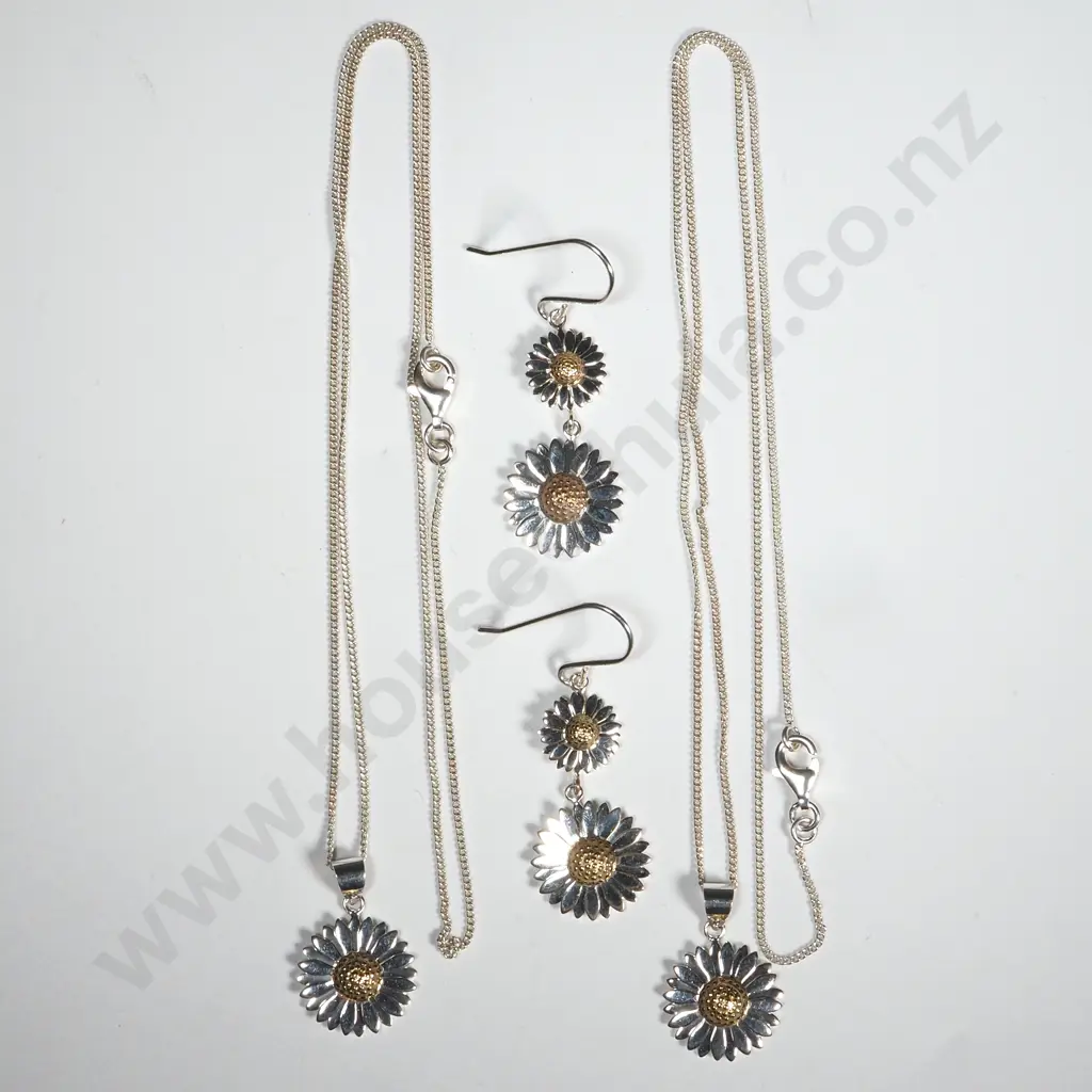 Sterling Silver Pendant & Earrings Sunflower Set Image 1++