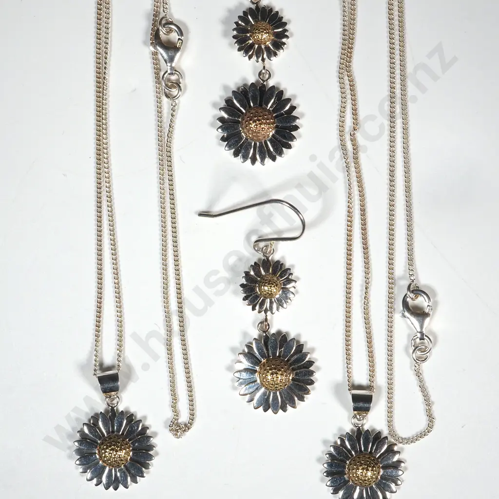 Sterling Silver Pendant & Earrings Sunflower Set Image 1++