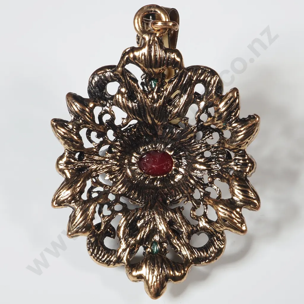Indian Style Pendant Encrusted With Red, Green & White Stones Set In Copper Coloured Metal Image 1++
