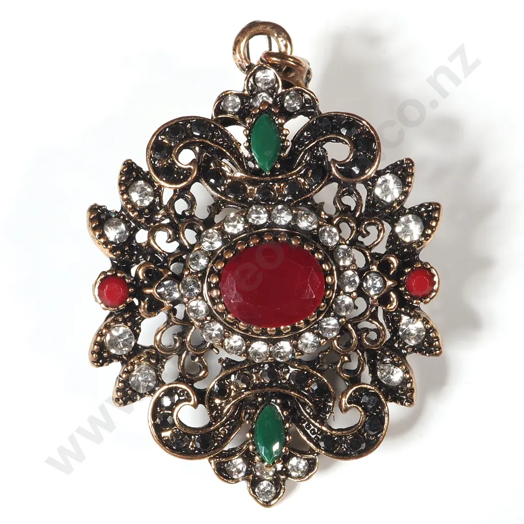 Indian Style Pendant Encrusted With Red, Green & White Stones Set In Copper Coloured Metal Image 1++