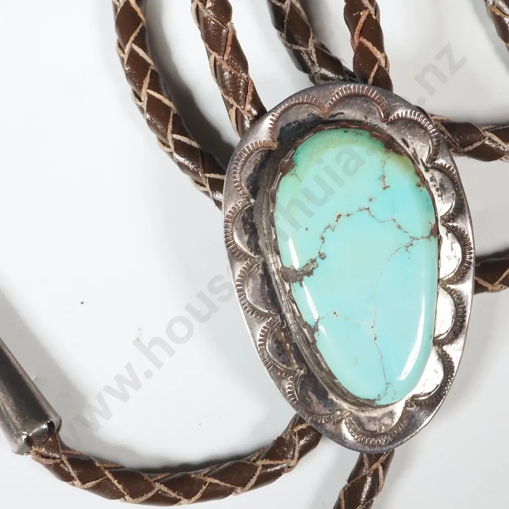 Leather Turquoise & Silver Vintage Navajo Indian Bolo Tie  Image 1++