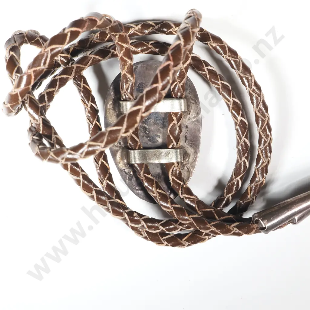 Leather Turquoise & Silver Vintage Navajo Indian Bolo Tie  Image 1++