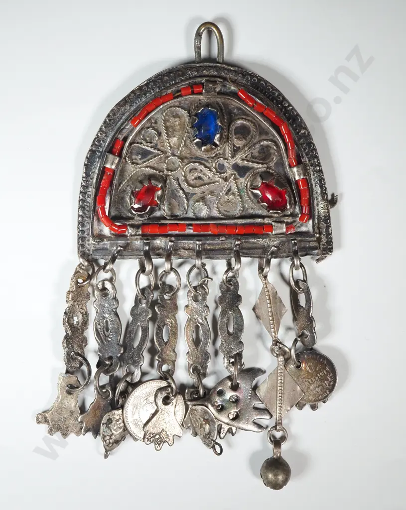 Vintage Sterling Silver Tunisian Pendant w Corals & Glass Paste. A/F Image 1++