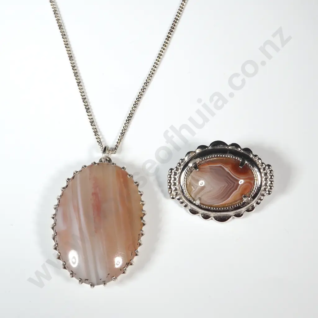 Silver Pendant & Brooch w Centre Stones  & a Chain. Image 1++