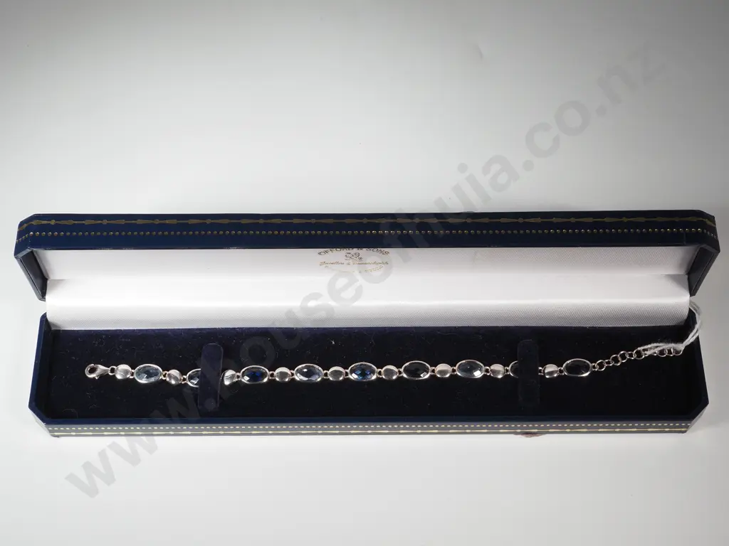 Sterling Silver Bracelet w Alternating Groups of Dark Blue/Pale Blue Gems and Silver Circles. Image 1++