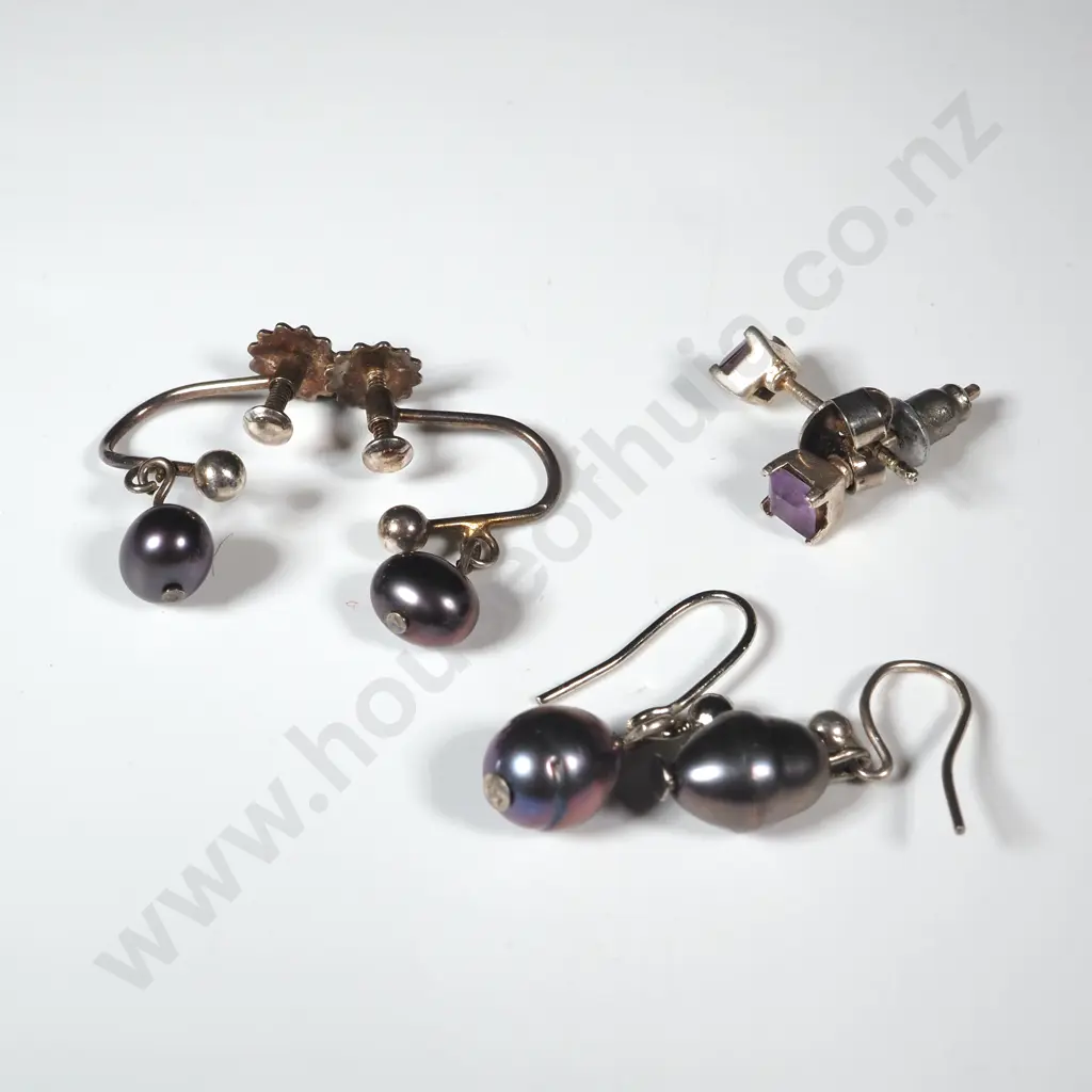 Two Pairs Black Pearl Earrings & One Pair Silver/Purple Gem Earrings. Image 1++