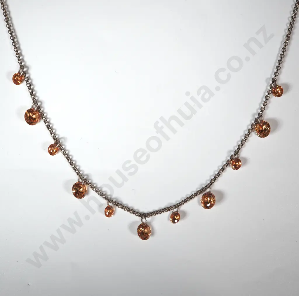 Sterling Silver Necklace w Amber Coloured Accent Crystals. Image 1++
