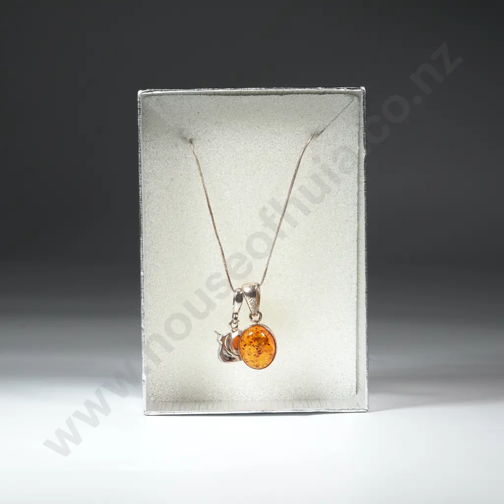 Two Sterling Silver /Amber Pendants & a Silver Chain. Image 1++
