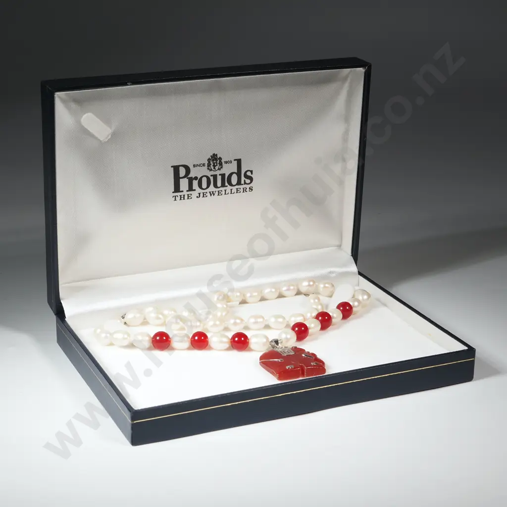 Pearl/Red Stone Necklace w Red Stone/Silver Accented Elephant Pendant. Image 1++