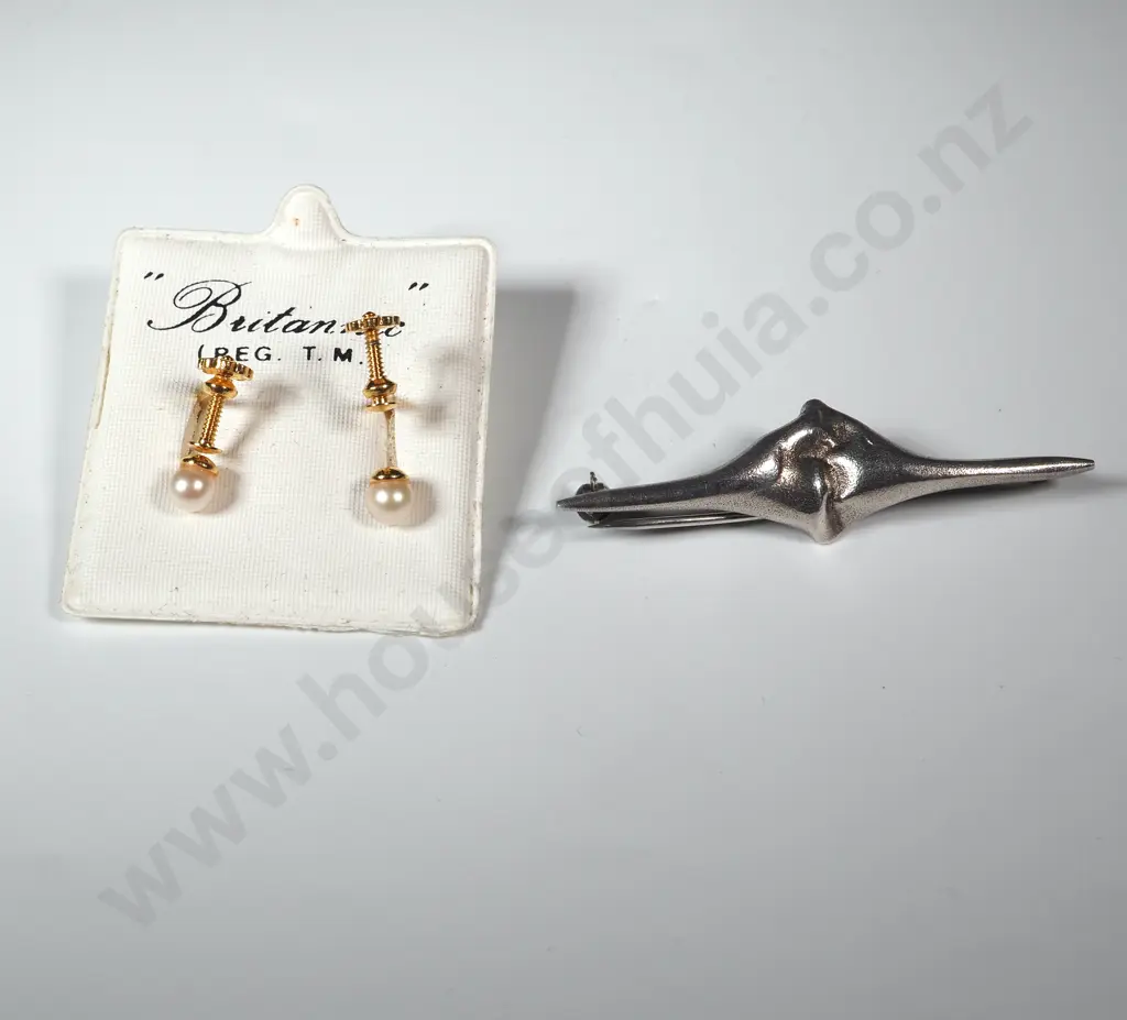 One Silver Brooch & a Pair of Gold coloured/Pearl Screw Earrings. Image 1++