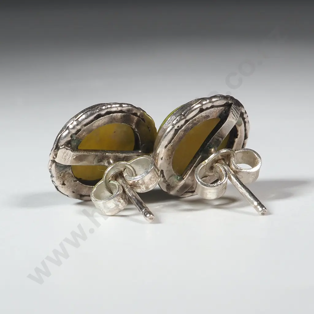 Pair Of Sterling Silver & Yellow Stone Dome Shaped Earrings Image 1++