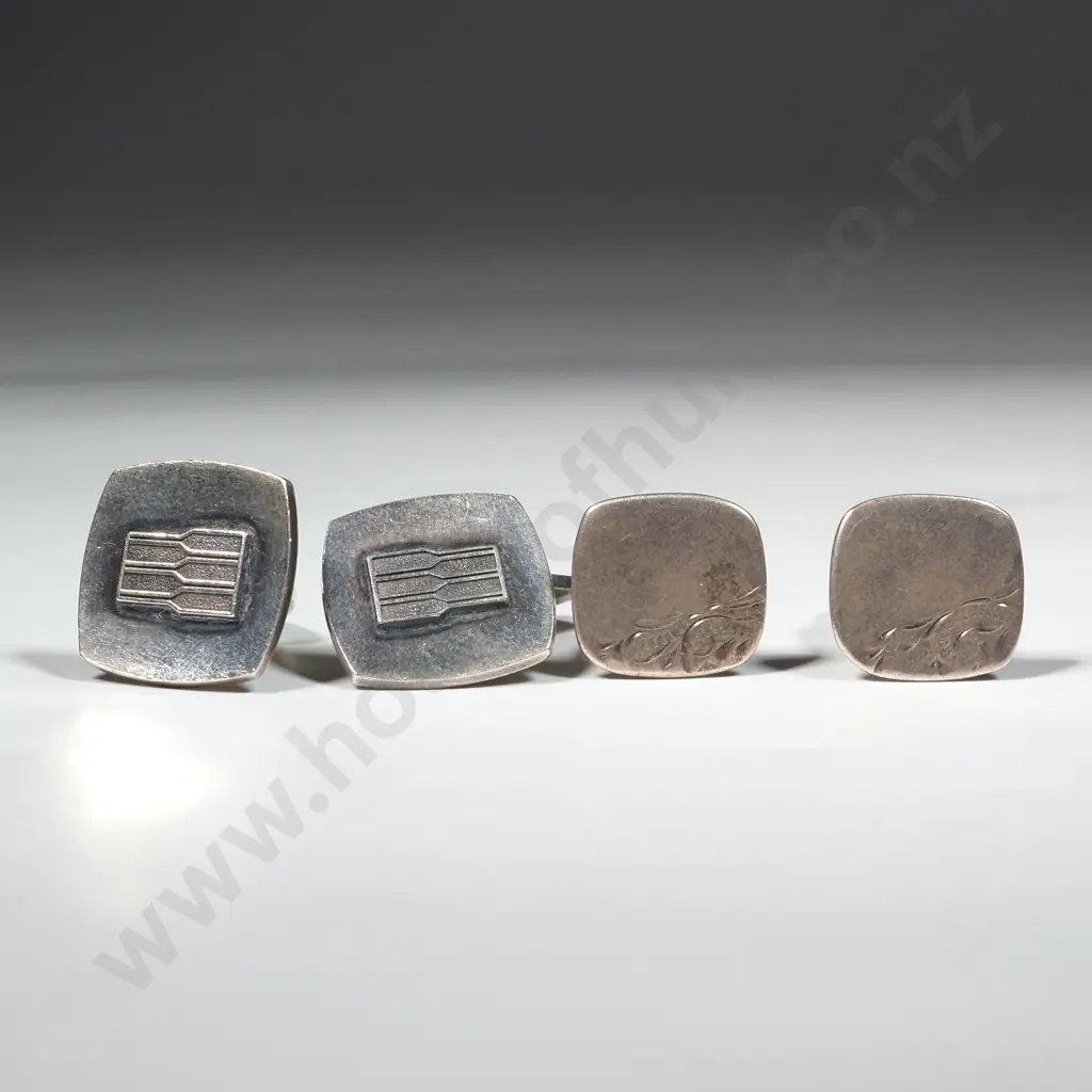 Pair of Silver Modernist Cufflinks & a Pair of Silver Engraved Cufflinks  Image 1++