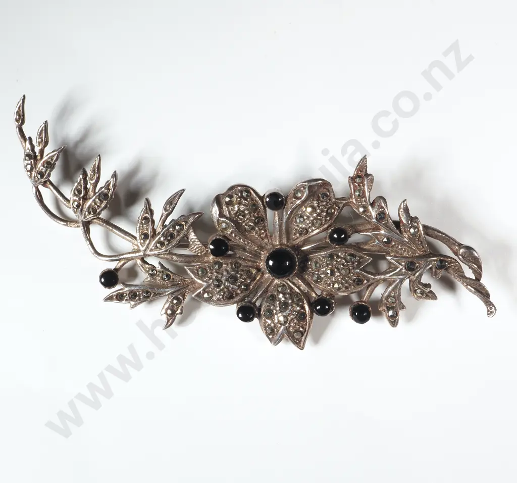 Sterling Silver & Marcasite Brooch In The Form Of A Flowering Branch With Black Cabochons Image 1++
