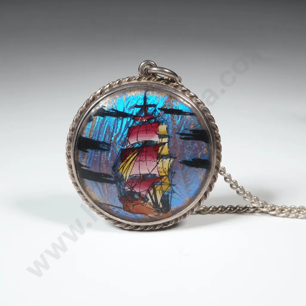 Sterling Silver Circular Butterfly Wing Pendant With Sailing Ship Image 1++