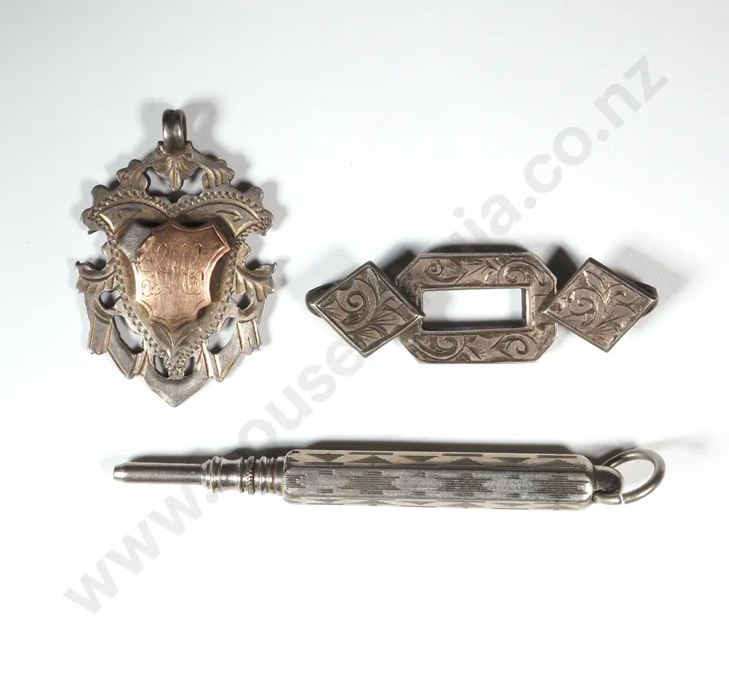 Sterling Silver & 9ct Gold Fronted Fob Award - Sterling Silver Buckle & Antique Mechanical Pencil Image 1++