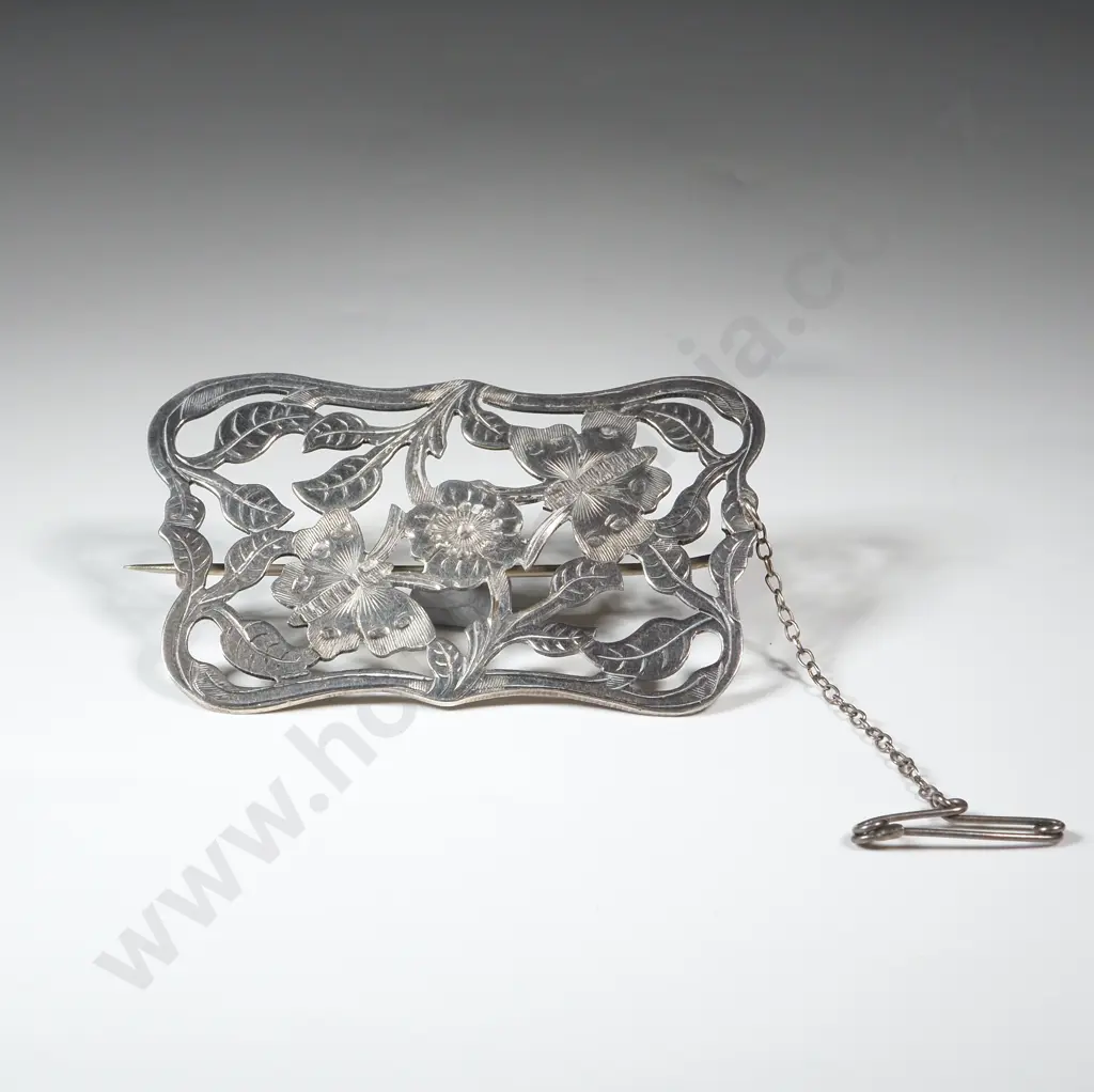 Large Sterling Silver Brooch with Floral, Leaf & Butterfly Decoration  Image 1++