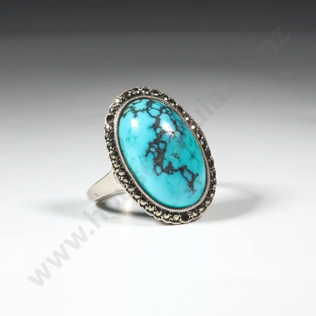 Sterling Silver Turquoise Marcasite Ring - Made in Germany Image 1++