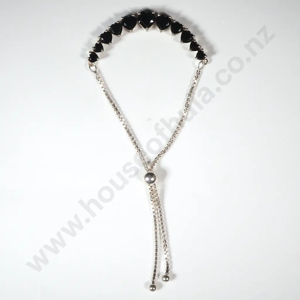 Sterling Silver Adjustable Chain Bracelet with Decorative Blue Heart Shaped Stones  Image 1++