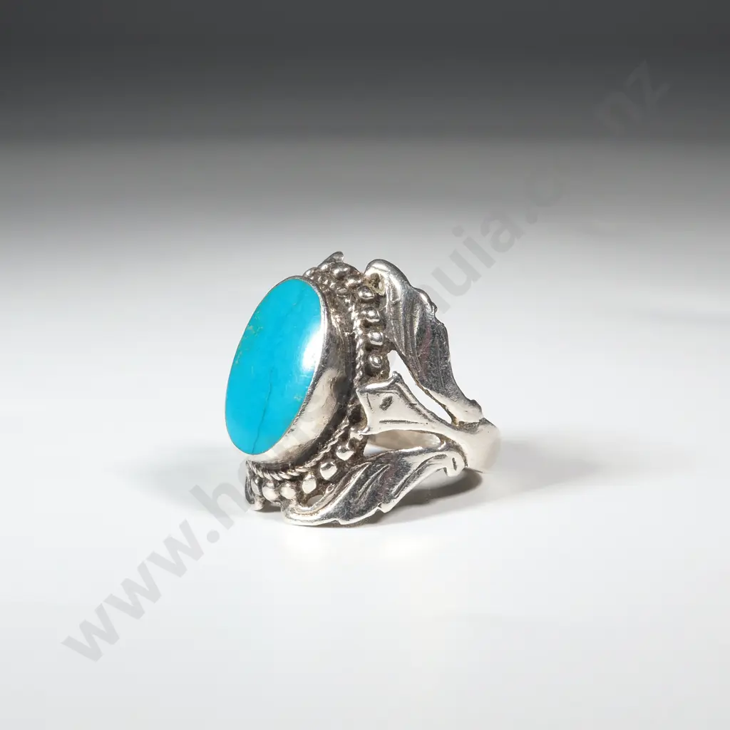 Mexican Sterling Silver Ring with Oval Turquoise Stone Image 1++