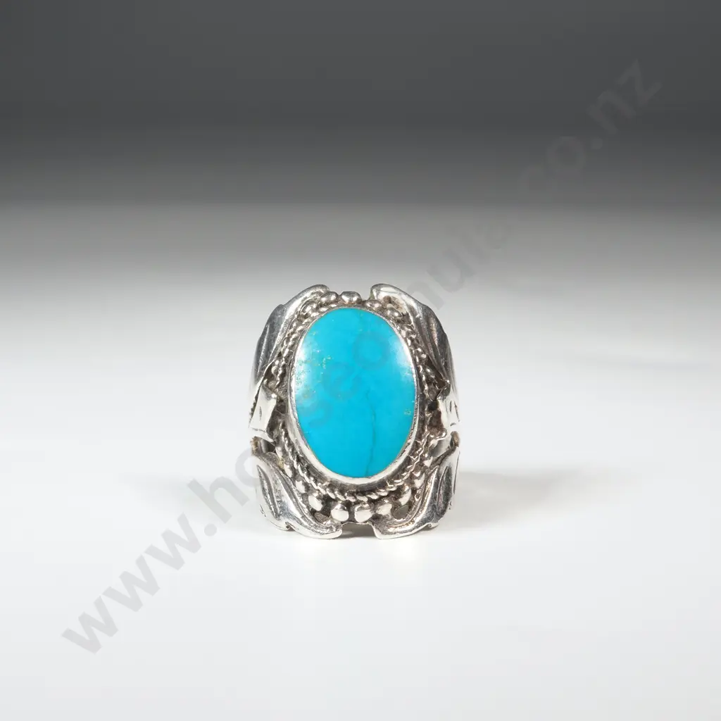 Mexican Sterling Silver Ring with Oval Turquoise Stone Image 1++