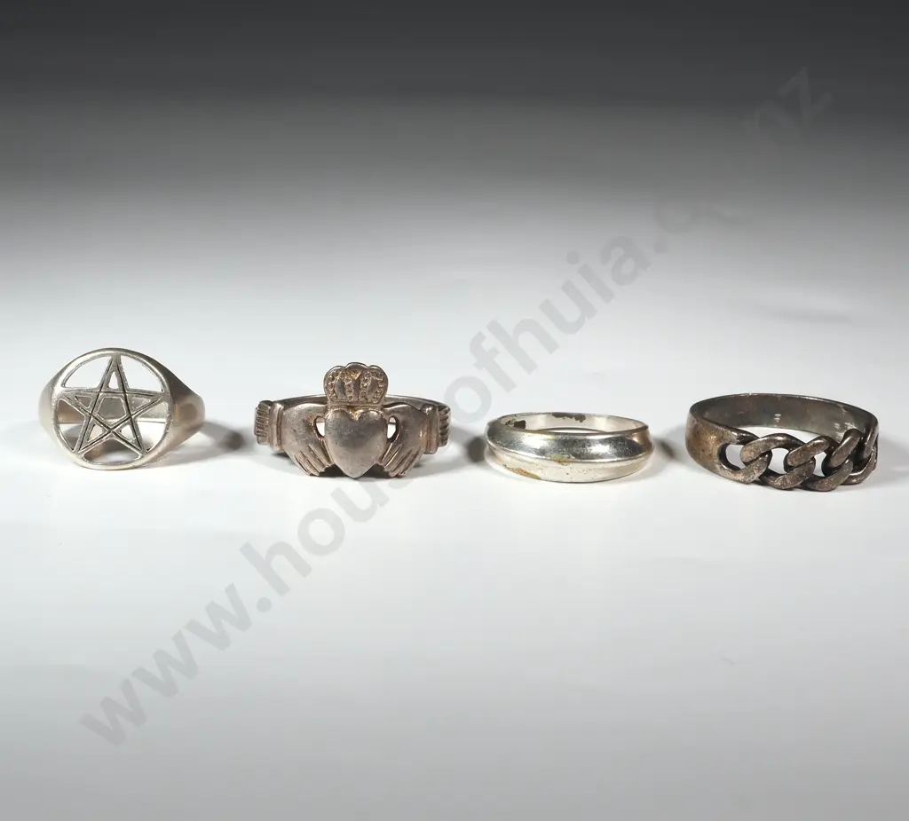 Four Sterling Silver Rings One a Large Claddagh Ring. Another Star Of David Ring Image 1++