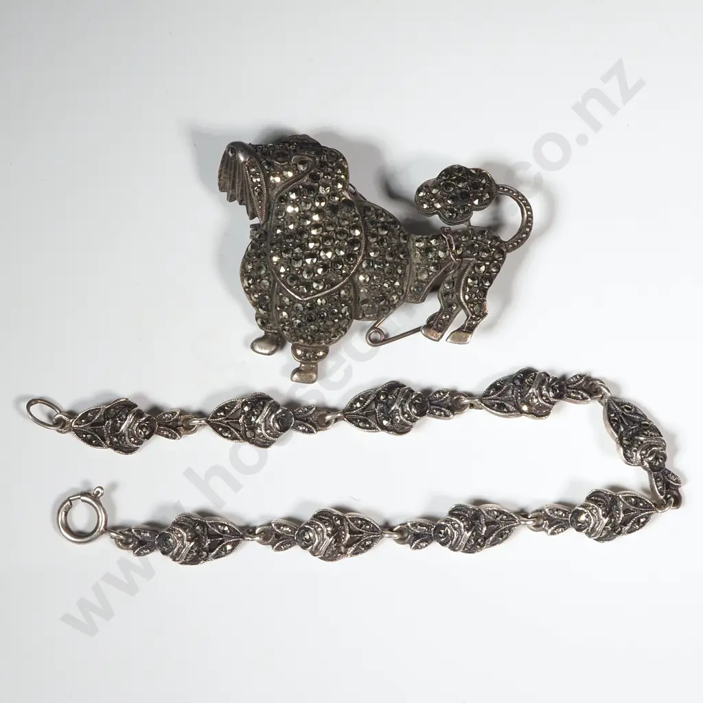 Sterling Silver Marcasite Brooch & Bracelet Image 1++