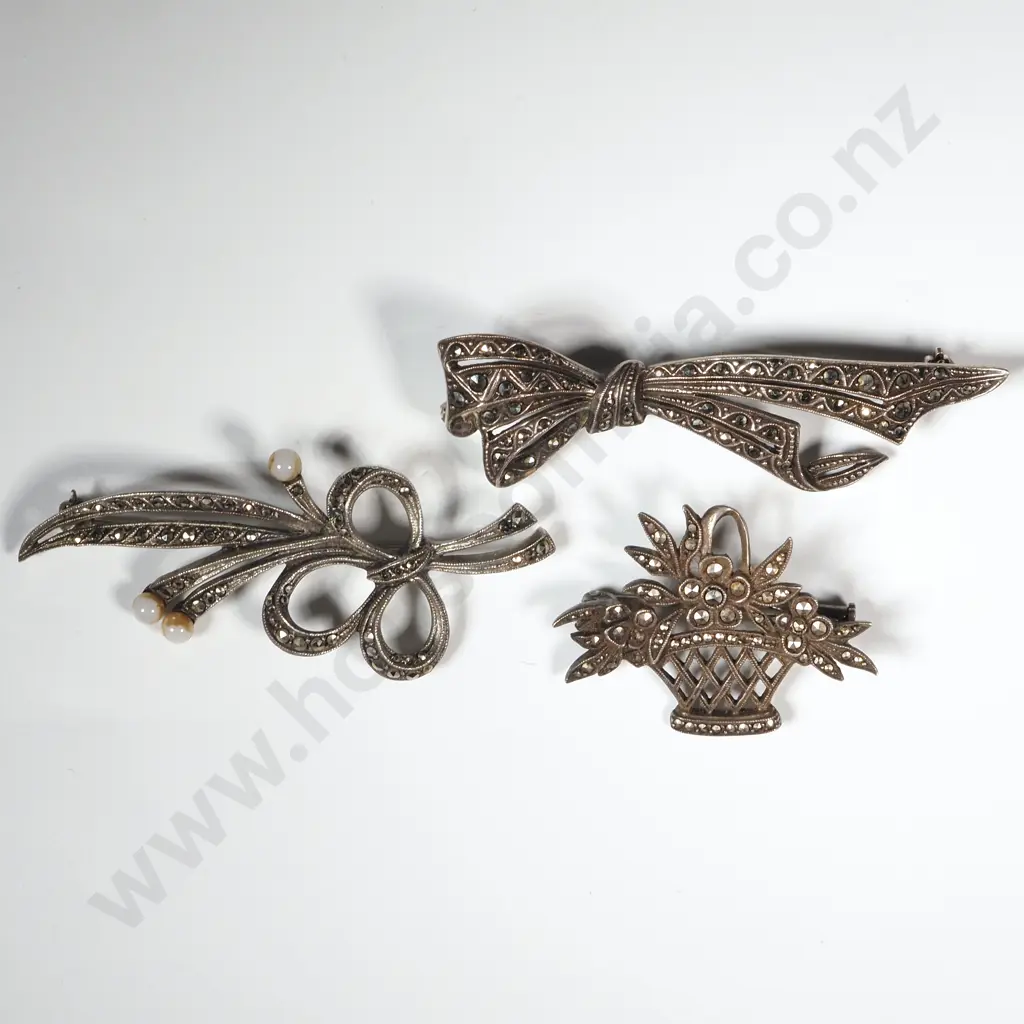 Three Silver & Marcasite Brooches  Image 1++