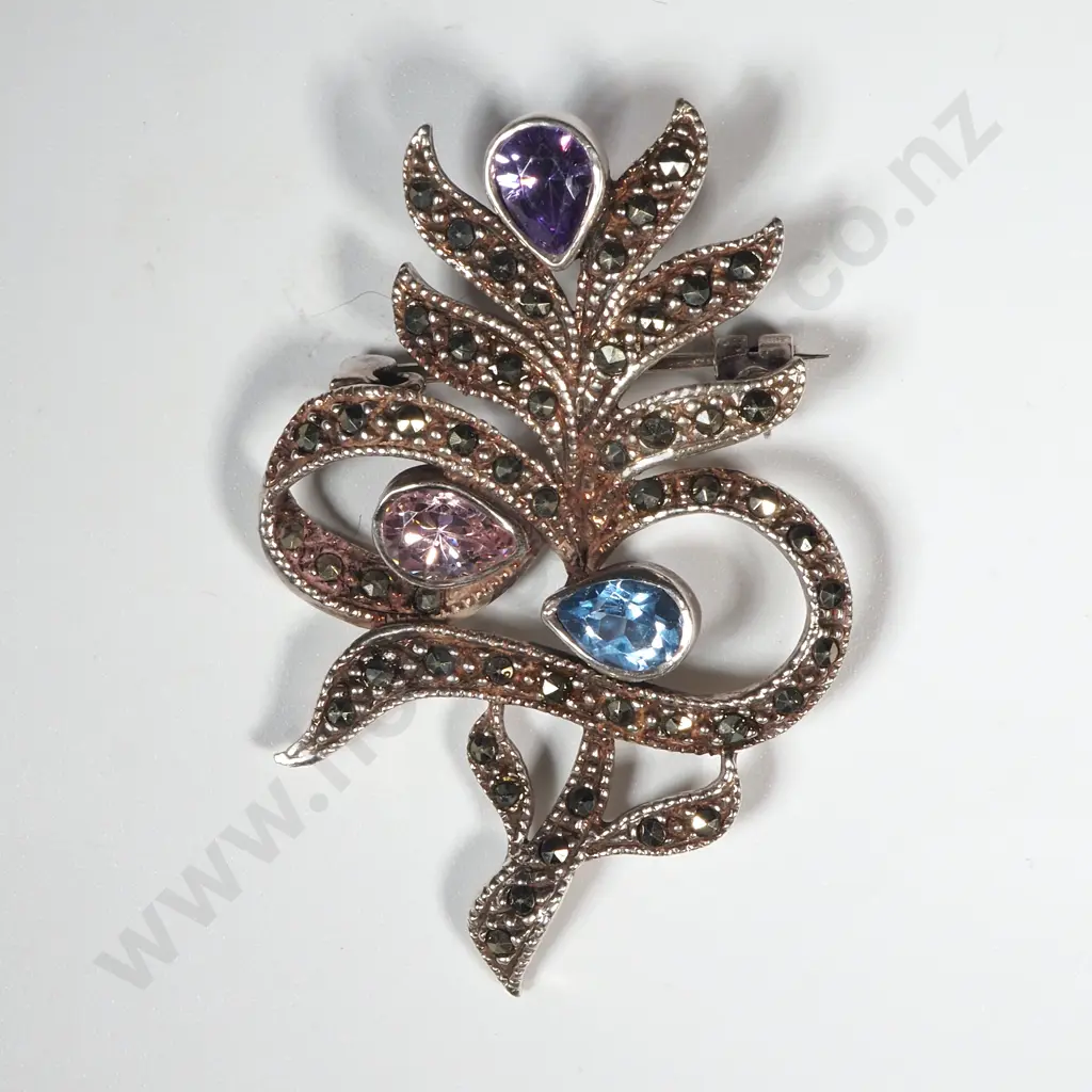 Sterling Silver Marcasite Brooch Image 1++