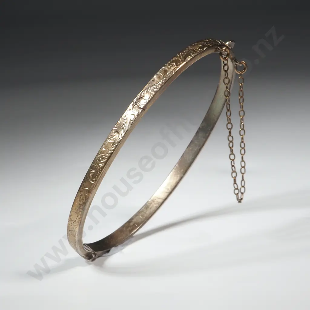Gold Washed Sterling Silver Engraved  Snap Bangle. Image 1++
